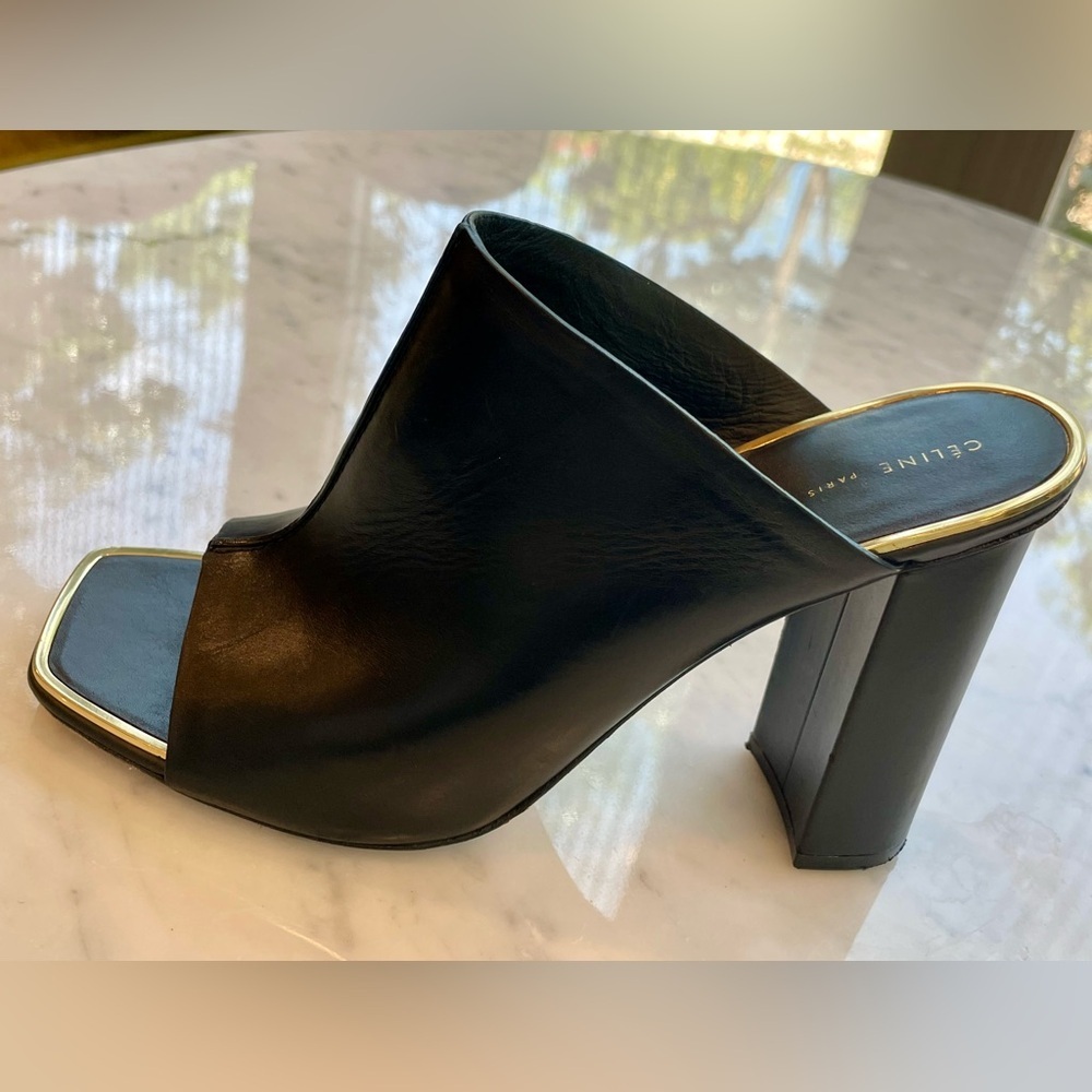 Celine Leather Slides, black w/gold trim, 4” block heel, EUC, 36.5 - Picture 9 of 14